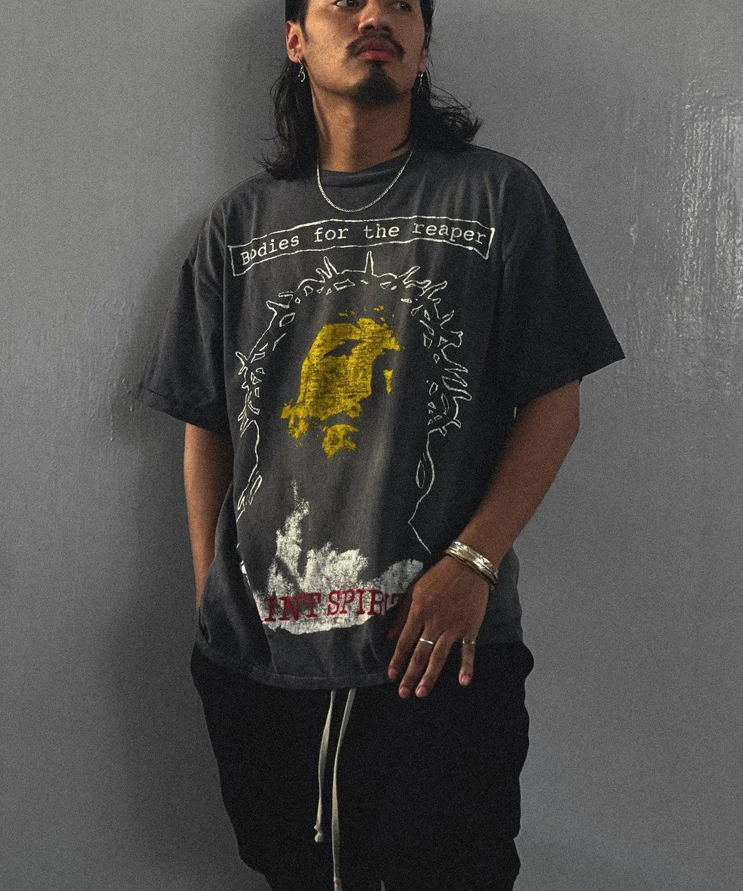 SAINT MICHAEL SS TEE/B FOR REAPER Jesus Hell's Angels Washed and Distressed Short Sleeves Washed Black S-XL Garment Dyed Printed Washed and Distressed